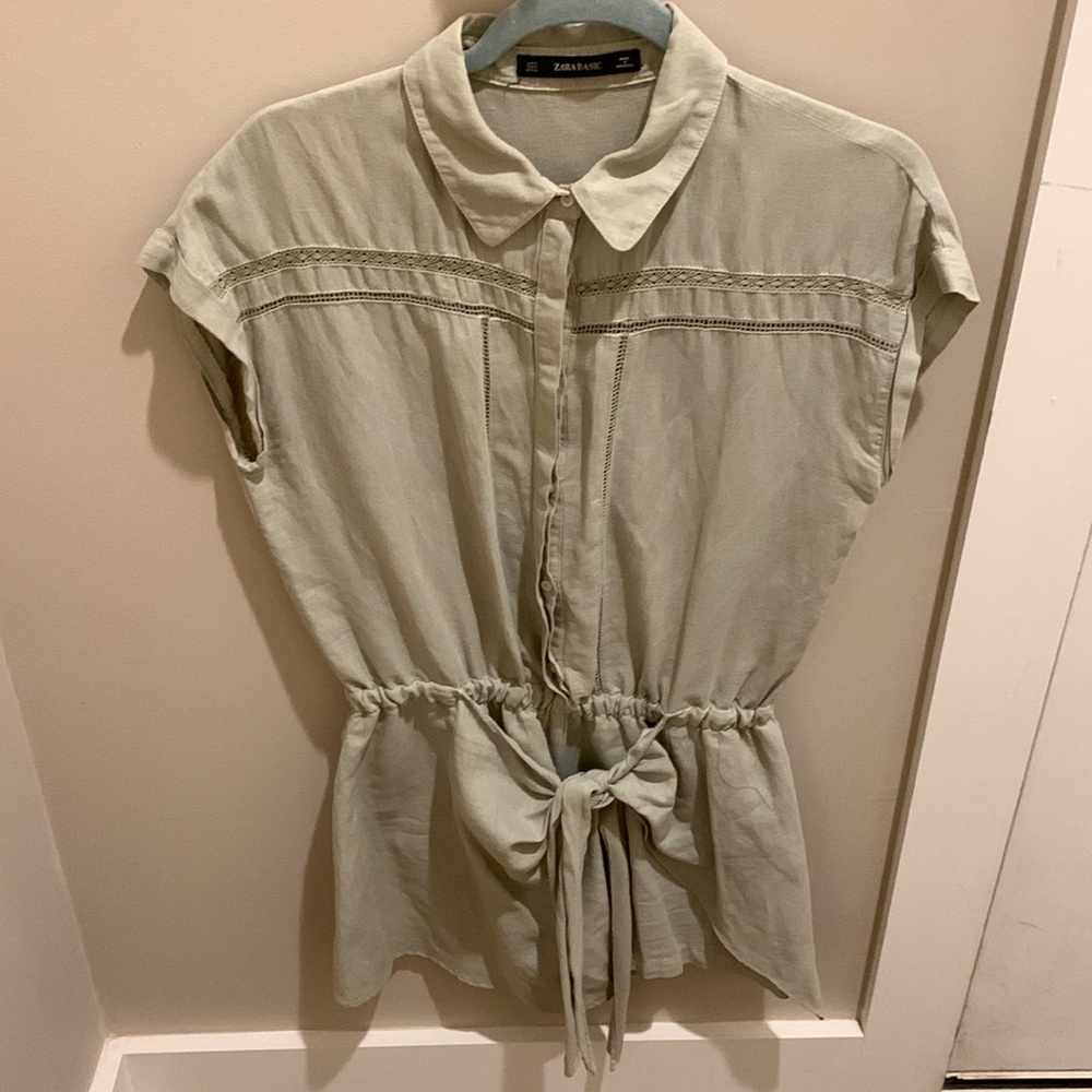 Zara Sage Green Linen Tie Front Romper